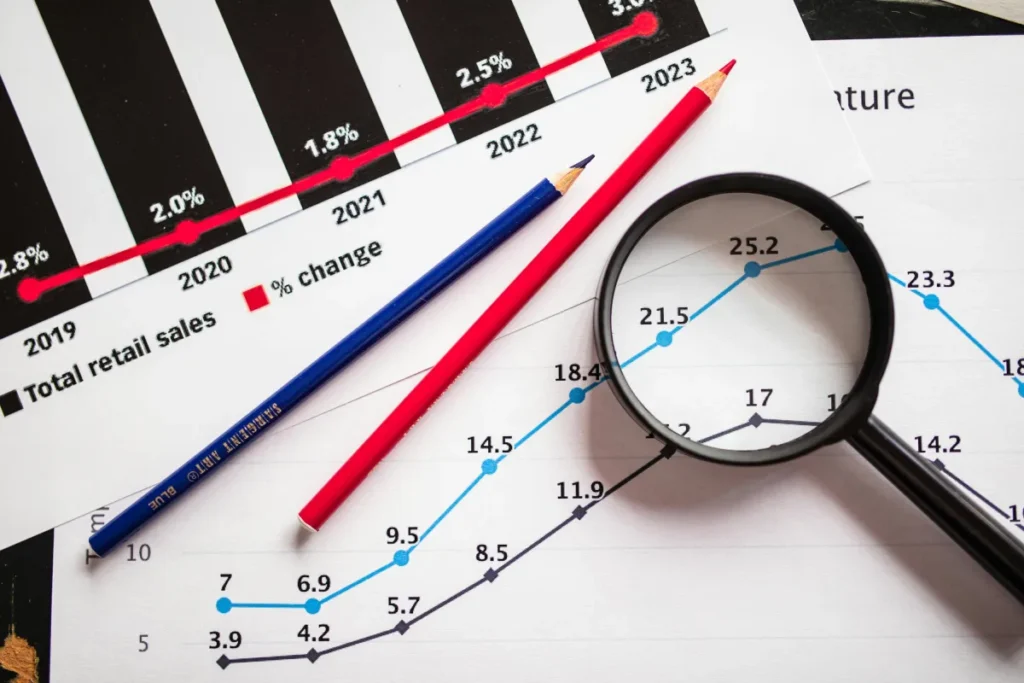 Kaca pembesar di atas grafik tren keuangan berwarna sebagai ilustrasi analisis trend bisnis